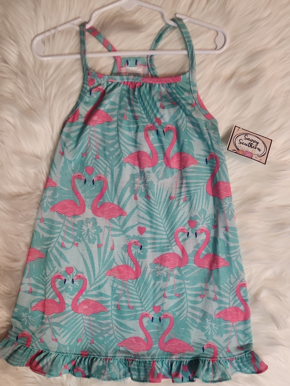 Girls' Tropical Flamingo Tank Dress - Pink & Teal - Girls Size XS 4